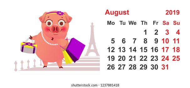 Calendar 2019 August pig female shopping in Paris vacation. Vector cartoon illustration