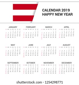 Calendar 2019 Austria Flag background. English language
