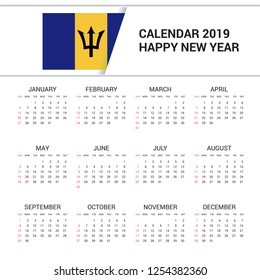 Calendar 2019 Barbados Flag background. English language