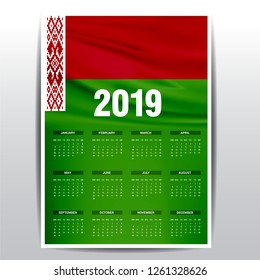 Calendar 2019 Belarus Flag background. English language