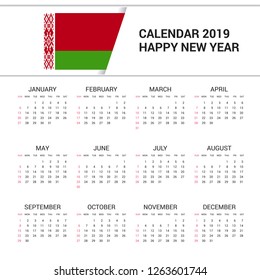 Calendar 2019 Belarus Flag background. English language
