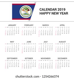 Calendar 2019 Belize Flag background. English language