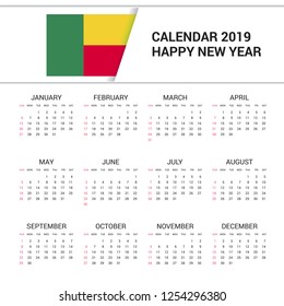Calendar 2019 Benin Flag background. English language