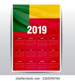 Calendar 2019 Benin Flag background. English language