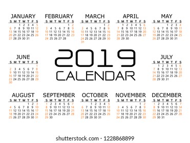 Calendar 2019 black orange text number on white background vector illustration.