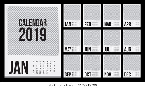 Calendar 2019. black and white set. Week starts on Sunday. Vector of 2019 new year calendar in clean minimal table simple style, Holiday event planner. 
