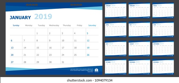 Calendar for 2019 blue background