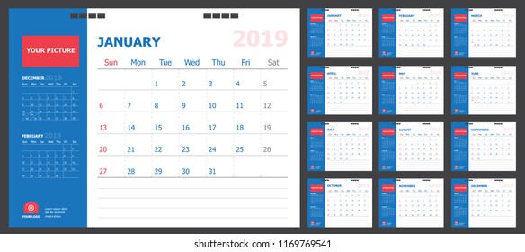 Calendar for 2019 blue background