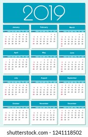 Calendar for 2019 blue background. Simple Vector Template. Isolated illustration.