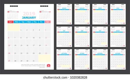 Calendar for 2019 blue and red background