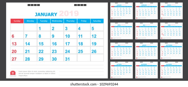 Calendar for 2019 blue and red background