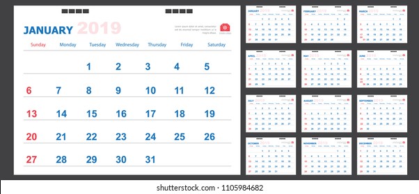Calendar for 2019 blue and red background