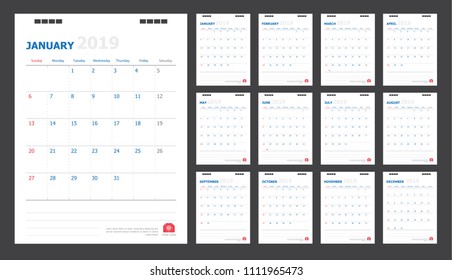 Calendar for 2019 blue and red, background
