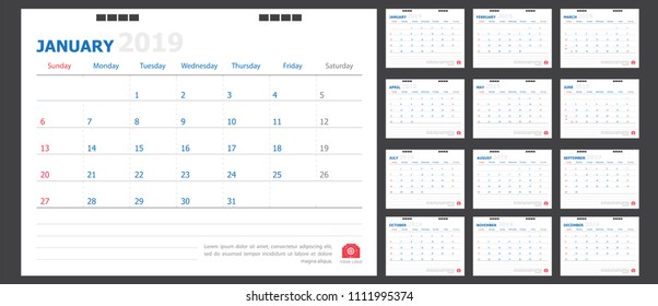 Calendar for 2019 blue and red, background