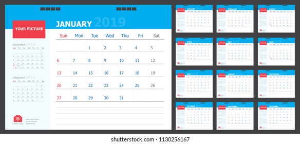 Calendar for 2019 blue and red background