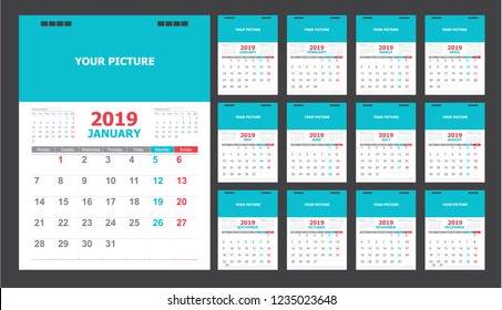 Calendar for 2019 blue and red background