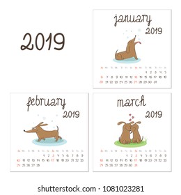 Calendar 2019 with brown dog dachshund puppy, with three winter/spring months -January, February and March. Vector illustration with a season and seasonal activities like skating.