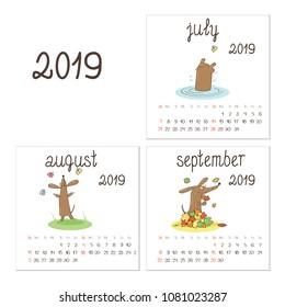 Calendar 2019 with brown dog dachshund puppy, with three summer/autumn months - July, August and September. Vector illustration with a season and seasonal activities like playing in the sun.