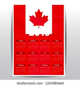 Calendar 2019 Canada Flag background. English language