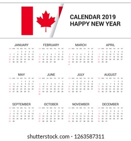 Calendar 2019 Canada Flag background. English language