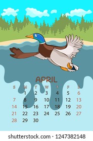 Calendar for 2019 with cartoon funny animals, hand drawing, vector illustration. Colorful, bright design of a wall-mounted rocker calendar with painted cute animals on the background seasonal nature