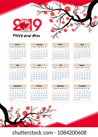 Calendar 2019 Chinese calendar for happy New Year 2019 year of the pig.
