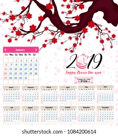 Calendar 2019 Chinese calendar for happy New Year 2019 year of the pig.
