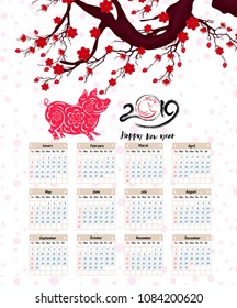 Calendar 2019 Chinese calendar for happy New Year 2019 year of the pig.
