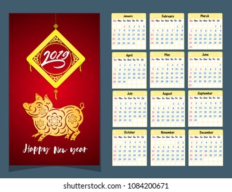 Calendar 2019 Chinese calendar for happy New Year 2019 year of the pig.
