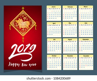 Calendar 2019 Chinese calendar for happy New Year 2019 year of the pig.
