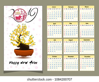 Calendar 2019 Chinese calendar for happy New Year 2019 year of the pig.
