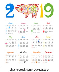 Calendar 2019 . Chinese calendar for happy New Year 2019 year of the pig. Week starts Sunday. Vector Illustration