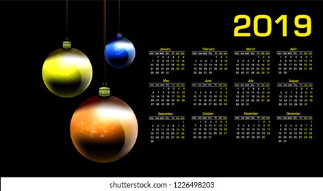 Calendar 2019 with christmas holiday balls. Design for Christmas and New Year