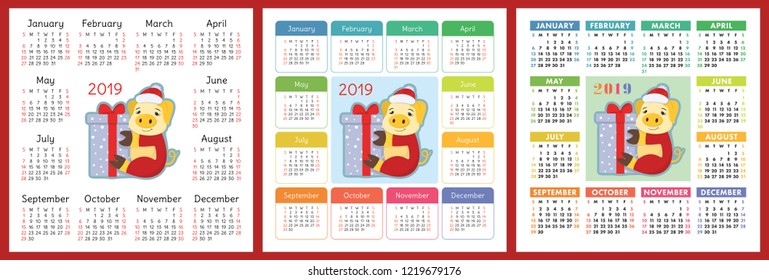 Calendar 2019. Christmas pig. Chinese New Year symbol. Week starts on Sunday. Vector color template collection. Basic calender grid. Square