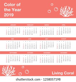 Calendar for 2019, color of the year 2019, vector