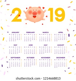 Calendar for 2019. Colored numbers with a jolly fat pig and hearts