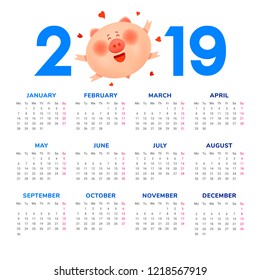 Calendar for 2019. Colored numbers with a jolly fat pig and hearts