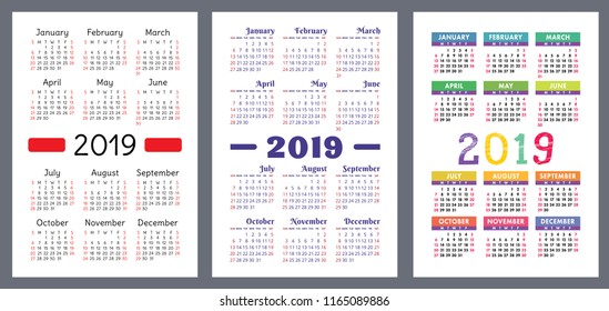 Calendar 2019. Colorful calender set. Week starts on Sunday. Basic englisn grid