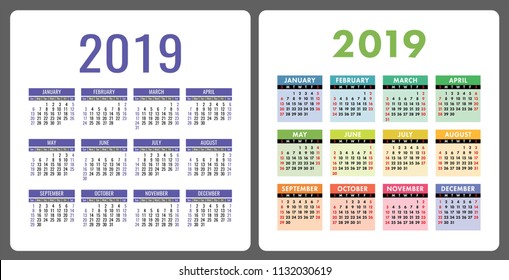 Calendar 2019. Colorful English calender set. Week starts on Sunday. Vector template collection. Basic grid