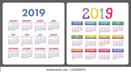 Calendar 2019. Colorful English calender set. Week starts on Sunday. Vector template collection. Basic grid