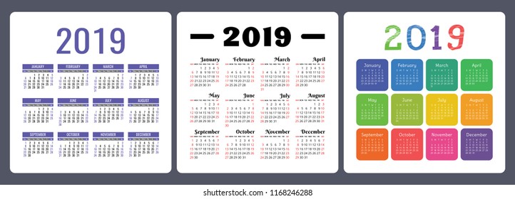 Calendar 2019. Colorful English vector calender set. Week starts on Sunday. Basic grid