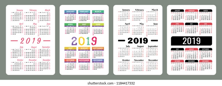 Calendar 2019. Colorful English vector calender set. Week starts on Sunday. Basic grid