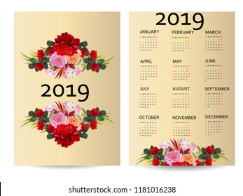 Calendar 2019. Colorful calendar with floral print. Week starts from Sunday. Two-sided design.