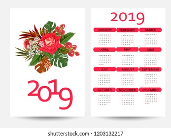 Calendar 2019. Colorful calendar with floral print. Week starts from Sunday. Two-sided design.