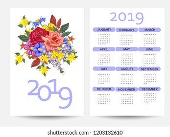 Calendar 2019. Colorful calendar with floral print. Week starts from Sunday. Two-sided design.