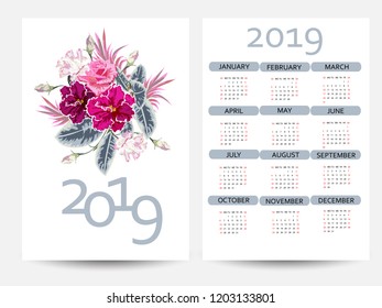 Calendar 2019. Colorful calendar with floral print. Week starts from Sunday. Two-sided design.