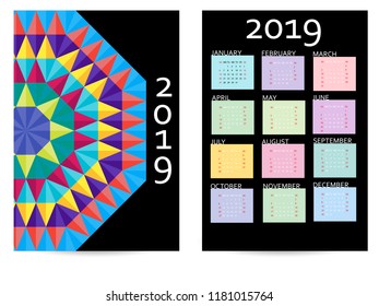 Calendar 2019. Colorful calendar with geometric pattern. Week starts from Sunday. Two-sided design.