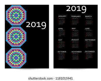 Calendar 2019. Colorful calendar with geometric pattern. Week starts from Sunday. Two-sided design.