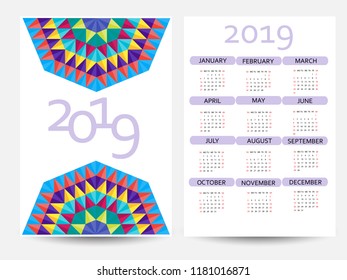 Calendar 2019. Colorful calendar with geometric pattern. Week starts from Sunday. Two-sided design.
