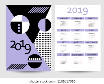 Calendar 2019. Colorful calendar with geometric pattern. Week starts from Sunday. Two-sided design.